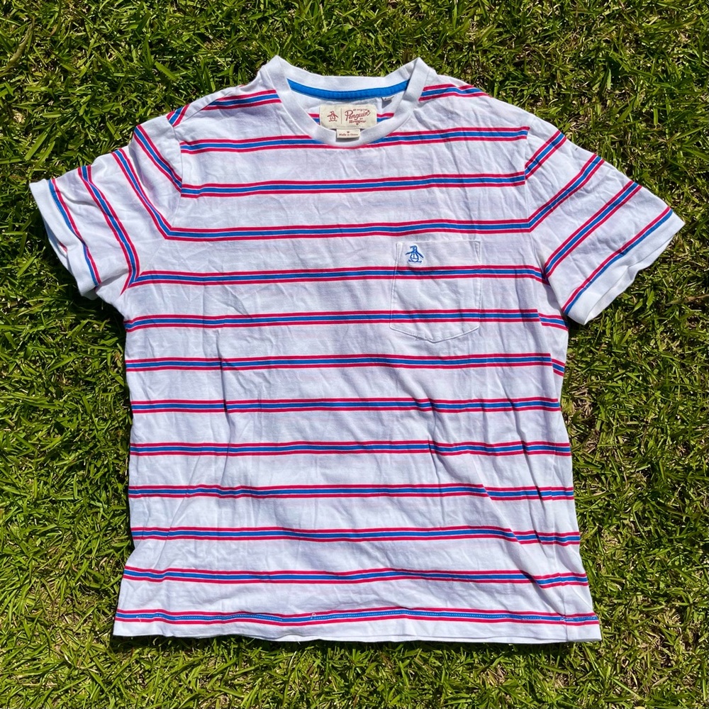 Penguin Original Munsingwear Mens Red White Blue Striped Pocket Tee Shirt